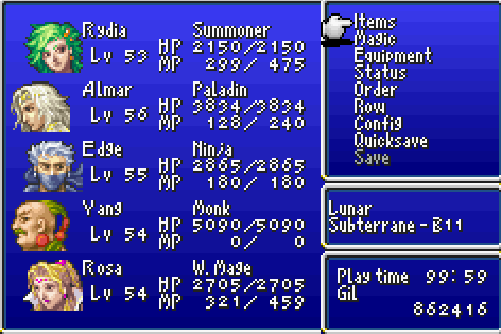 FF4 My Character Levels Before Zeromus